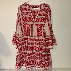 Devotion TWINS Geometric Red and Cream Midi Dress